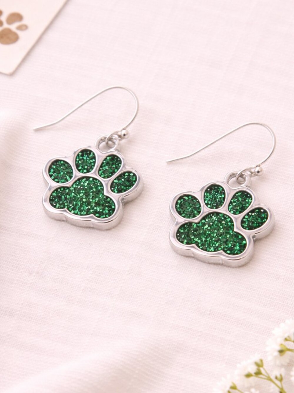 Green Glitter Paw Print Dangle Earrings Pet Lover Jewelry